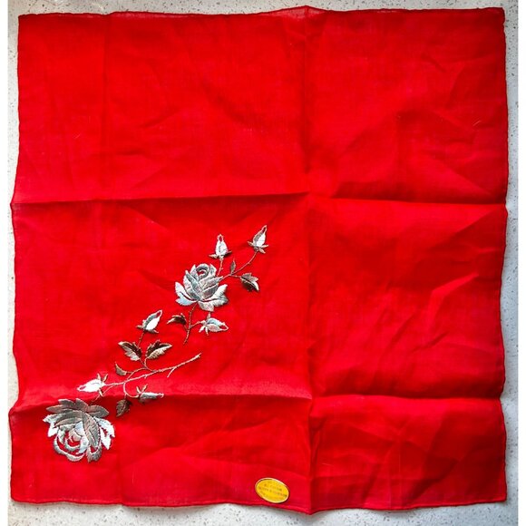 Unknown Accessories - Vintage Red Swiss Cotton Handkerchief With Silver Rose Embroidery New